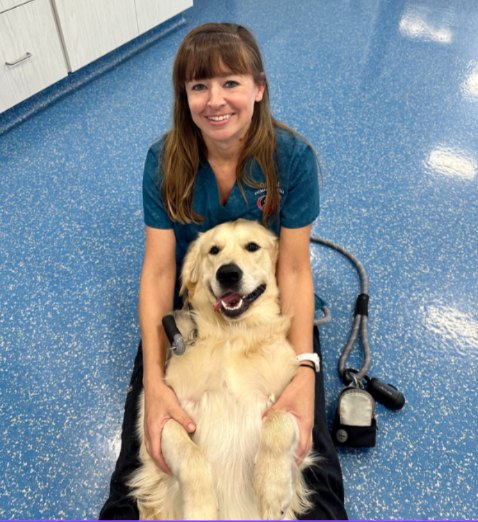 Vet tech sitting on the floor with a happy golden retriever in her lap
