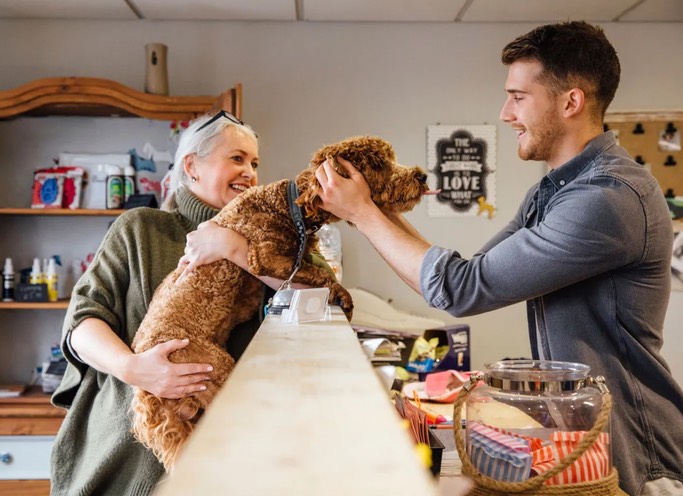 An older woman and a young man greeting a curly-coated dog at a pet store counter